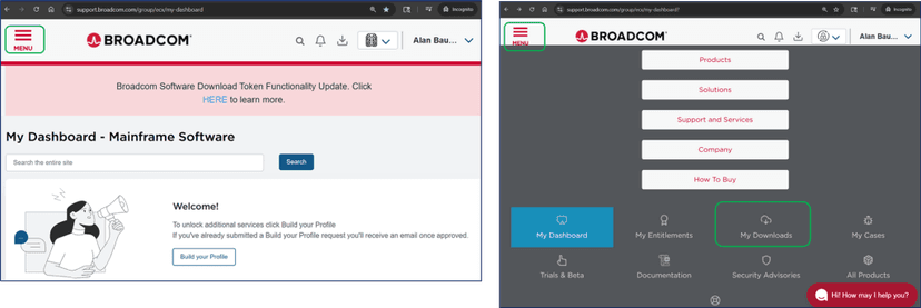 Split screen image showing the Broadcom Software dashboard, with a welcome message and options for 'My Dashboard' and 'My Downloads' on the left, and a dark theme with similar options on the right.