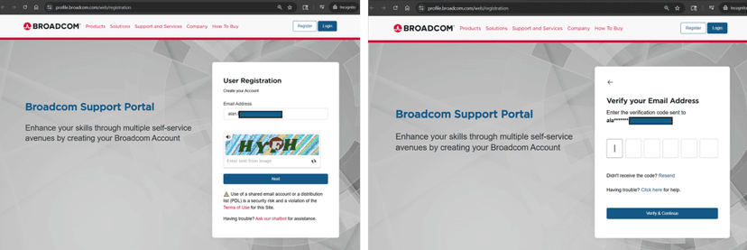 A screenshot of the Broadcom Support Portal user registration page, featuring fields for entering an email address and a CAPTCHA image.