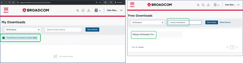 Screenshot of the Broadcom support website showing the 'My Downloads' section with a highlight on 'Free Software Downloads available HERE' and a search bar for 'vmware workstation'.