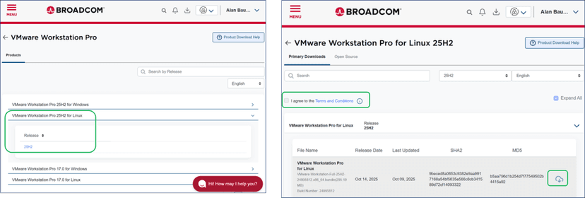 Screenshot of the Broadcom website displaying the download section for VMware Workstation Pro for Linux 25H2, highlighting the release selection and terms and conditions agreement.