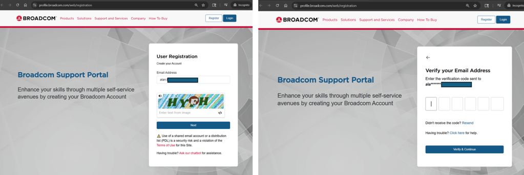 A screenshot of the Broadcom Support Portal user registration page, featuring fields for entering an email address and a CAPTCHA image.