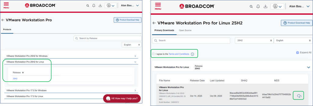 Screenshot of the Broadcom website displaying the download section for VMware Workstation Pro for Linux 25H2, highlighting the release selection and terms and conditions agreement.